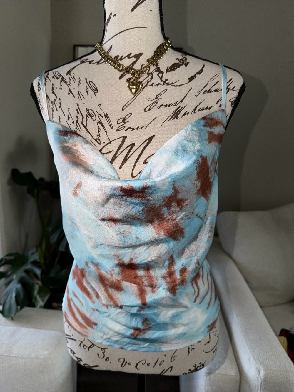 Blue & Brown Tie-Dye Cowl Neck Spaghetti Strap Top
